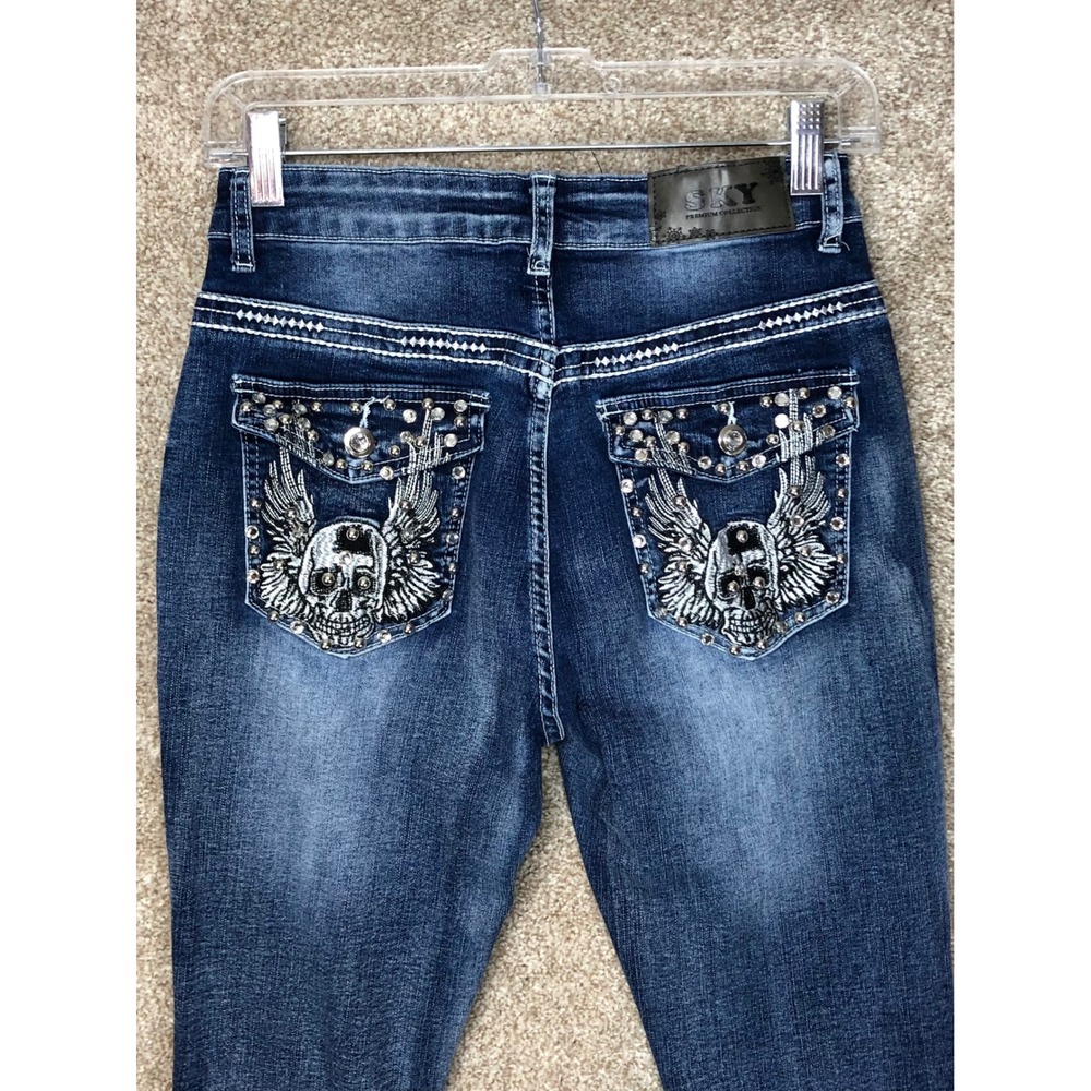 SKY Embellished Hi Rise Bootcut Flare Jeans Women 9 Dark Wash Stretch Y2K Denim - Picture 1 of 11